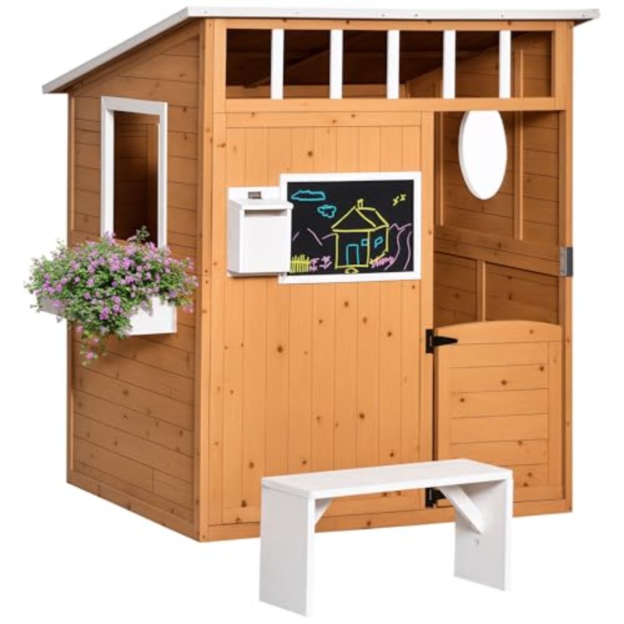Kids Outdoor Playhouse - Outdoor-Holzspielhaus für Kinder mit funktionierender Tür,