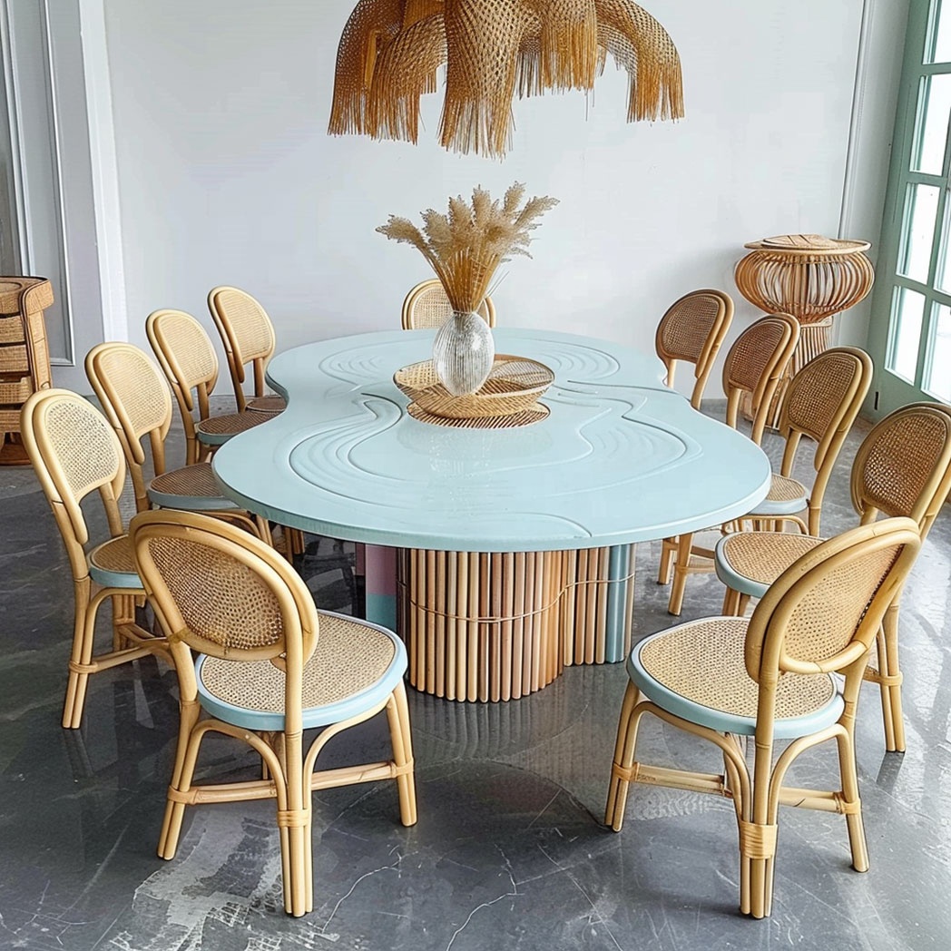 Kids Outdoor Dining Table - io-Pastellblauer Wellenförmiger Rattan-Esstisch Langer Outdoor-Partytisch für