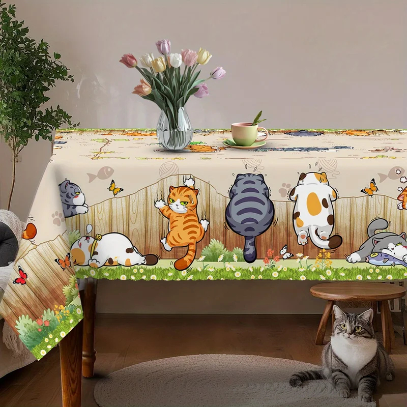 Kids Outdoor Dining Table - VIKAMA Beige Cartoon-Katzen-Tischdecke, verspieltes Kätzchen, Blumenmuster,